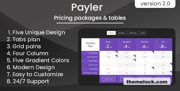 Payler v2.0 – Pricing Packages & Tables